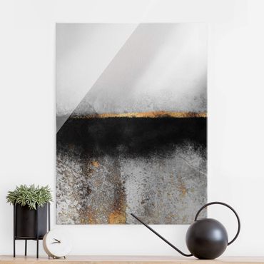 Tableau en verre - Abstract Golden Horizon Black And White