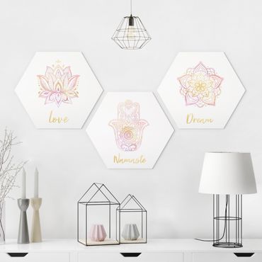 Hexagone en alu Dibond - Mandala Namaste Lotus Set Gold Light Pink