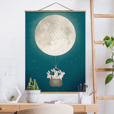 Tableau en tissu avec porte-affiche - Illustration Rabbits Moon As Hot-Air Balloon Starry Sky