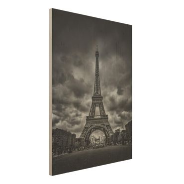 Tableau en bois - Eiffel Tower In Front Of Clouds In Black And White