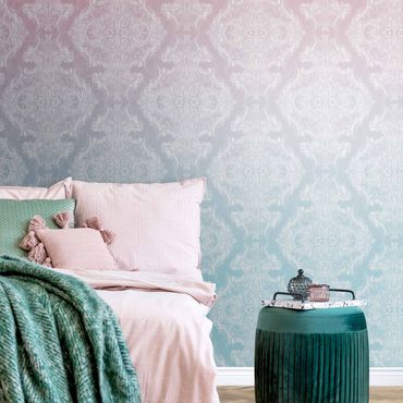 Metallic wallpaper - Watercolour Baroque Pattern With Blue Pink Gradient