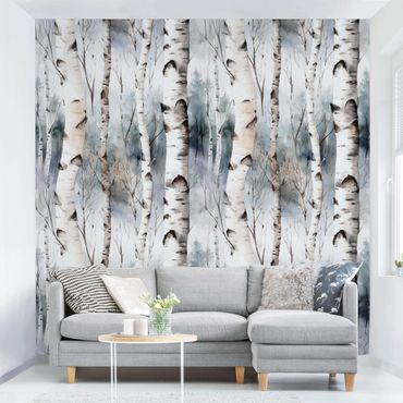Papier peint - Forêt de bouleaux à l'aquarelle en hiver