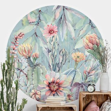 Papier peint rond autocollant - Watercolour Blooming Cacti Bouquet