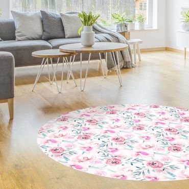 Tapis en vinyle rond|Watercolour Flowers Pink With Blue Leaves
