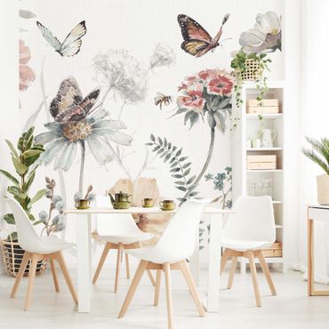 Papier peint - Prairie fleurie avec papillons aquarelle