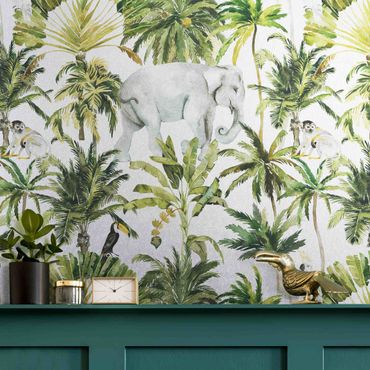Metallic wallpaper - Watercolour Elephant And Palm Pattern