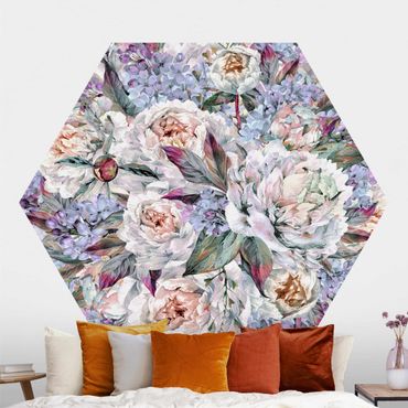 Papier peint hexagonal autocollant avec dessins - Watercolour Lilac Peony Bouquet