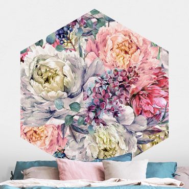 Papier peint hexagonal autocollant avec dessins - Watercolour Floral Bouquet