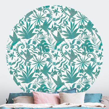 Papier peint rond autocollant - Watercolour Hummingbird And Plant Silhouettes Pattern In Turquoise