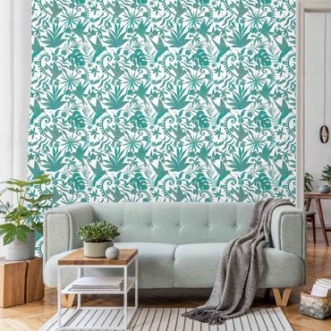 Papier peint - Watercolour Hummingbird And Plant Silhouettes Pattern In Turquoise