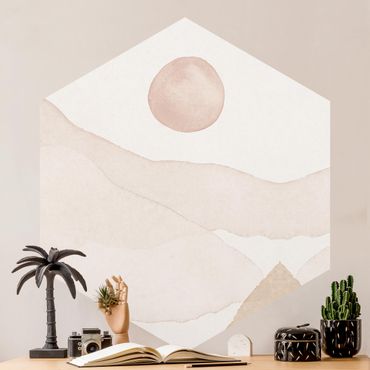 Papier peint hexagonal autocollant avec dessins - Landscape In Watercolour The Sun And The Mountains