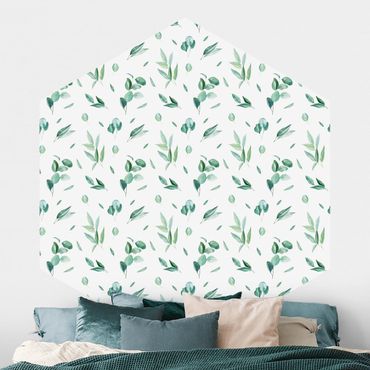 Papier peint panoramique hexagonal autocollant - Watercolor Pattern Leaves And Eucalyptus