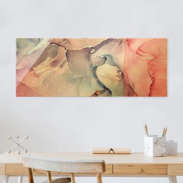 Tableau en verre - Watercolour Pastel Pink With Gold - Panorama
