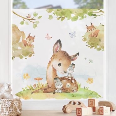 Décoration pour fenêtre - Lapin et écureuil à l'aquarelle