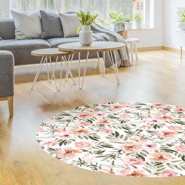 Tapis en vinyle rond|Watercolour Pink Flowers In Front Of White