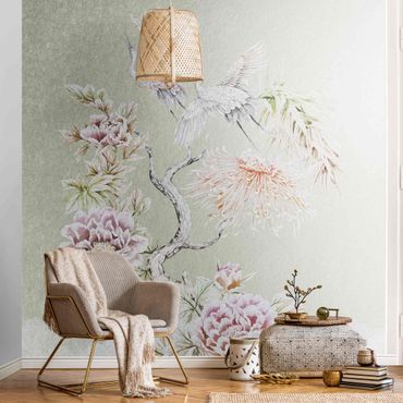 Metallic wallpaper - Watercolour Storks In Flight With Flowers On Green