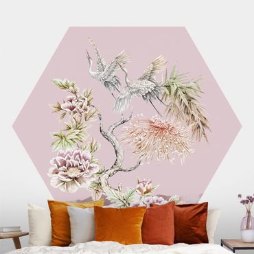 Papier peint hexagonal autocollant avec dessins - Watercolour Storks In Flight With Flowers On Pink