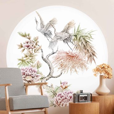Papier peint rond autocollant - Watercolour Storks In Flight With Flowers