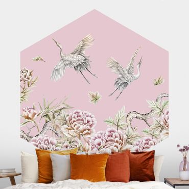 Papier peint hexagonal autocollant avec dessins - Watercolour Storks In Flight With Roses On Pink