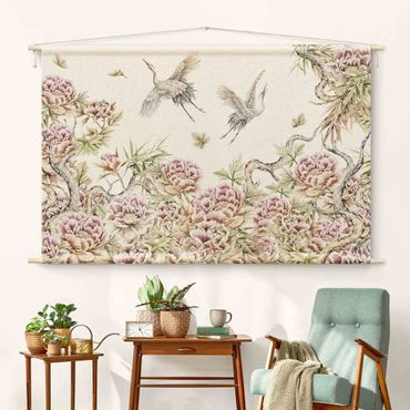 Tenture murale - Watercolour Storks In Flight With Roses