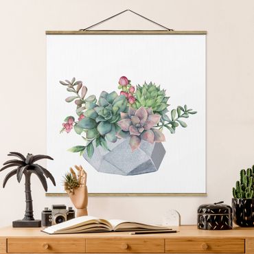 Tableau en tissu avec porte-affiche - Watercolour Succulents Illustration - Carré 1:1