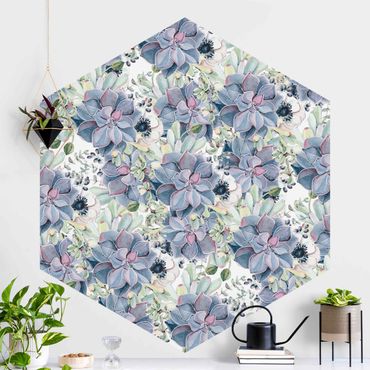 Papier peint hexagonal autocollant avec dessins - Watercolour Succulents And Anemones Pattern