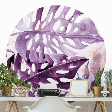 Papier peint rond autocollant - Watercolour Tropical Leaves With Monstera In Aubergine