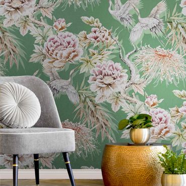 Metallic wallpaper - Watercolour Birds With Large Flowers In Front Of Green