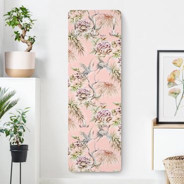 Porte-manteau - Watercolour Birds With Large Flowers In Front Of Pink