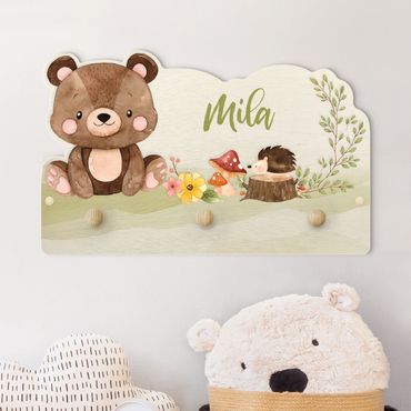 Porte-manteau enfant - Watercolour Forest Animal Bear With Customised Name