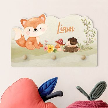 Porte-manteau enfant - Watercolour Forest Animal Fox With Customised Name