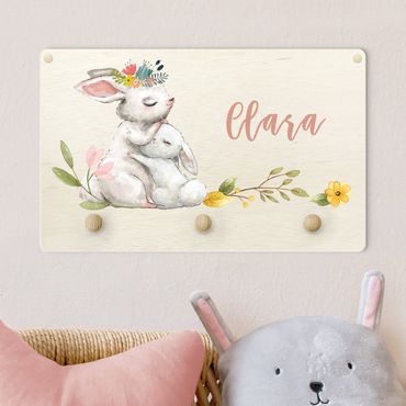 Porte-manteau enfant - Watercolour Forest Animal Rabbit Family With Customised Name