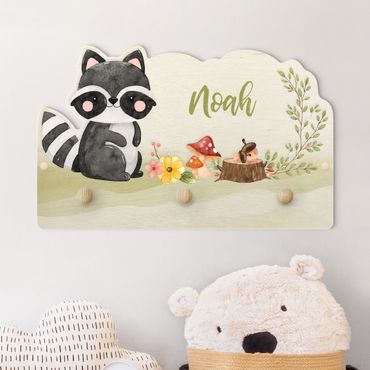 Porte-manteau enfant - Watercolour Forest Animal Raccoon With Customised Name
