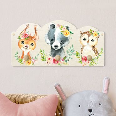 Porte-manteau enfant - Watercolour Forest Animals With Flowers III