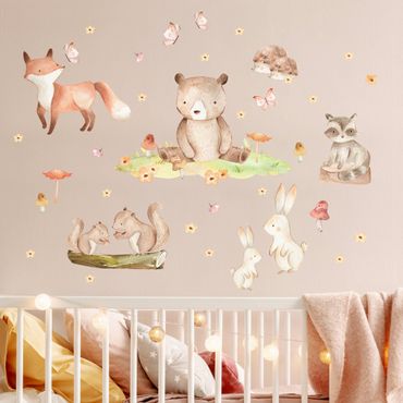 Sticker mural - Watercolour forest animals with butterflies and flowers