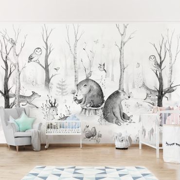 Papier peint - Watercolour Forest Animal Friends Black And White