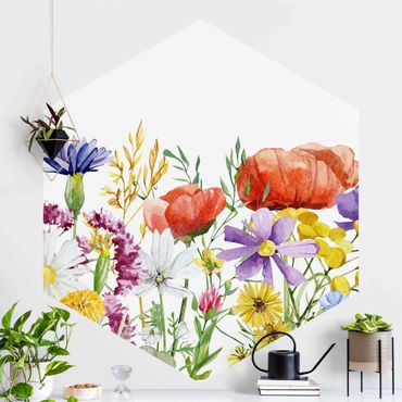 Papier peint hexagonal autocollant avec dessins - Watercolour Flowers