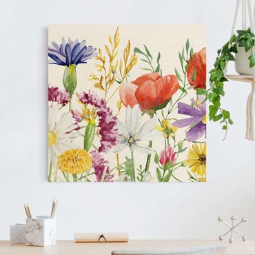 Tableau sur toile naturel - Watercolour Flowers - Carré 1:1