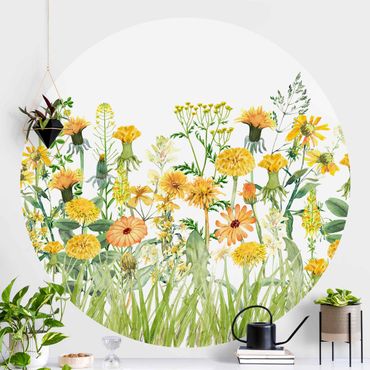 Papier peint rond autocollant - Watercolour Flower Meadow In Gelb
