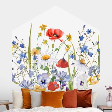 Papier peint hexagonal autocollant avec dessins - Watercolour Flower Meadow With Poppies