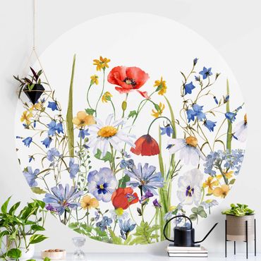 Papier peint rond autocollant - Watercolour Flower Meadow With Poppies