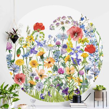Papier peint rond autocollant - Watercolour Flower Meadow