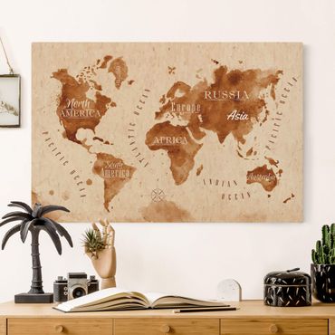 Tableau sur toile naturel - Watercolour Look World Map Beige Brown - Format paysage 3:2
