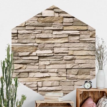Papier peint panoramique hexagonal autocollant - Asian Stonewall - Stone Wall From Large Light Coloured Stones