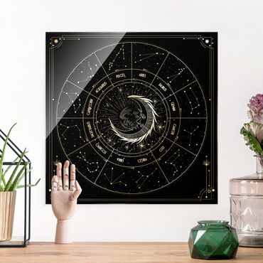 Tableau en verre - Astrology Moon And Zodiac Signs Black - Carré