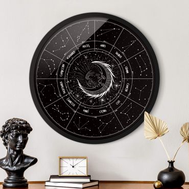 Tableau rond encadré - Astrologia Luna e segni zodiacali in nero