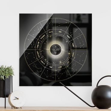 Tableau en verre - Astrology Zodiac Sign In A Sun Circle Black - Carré