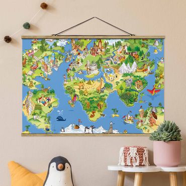 Tableau en tissu avec porte-affiche - Great and Funny Worldmap
