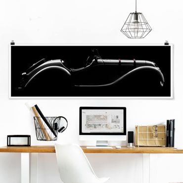 Poster panoramique noir et blanc - Vintage Car Silhouette