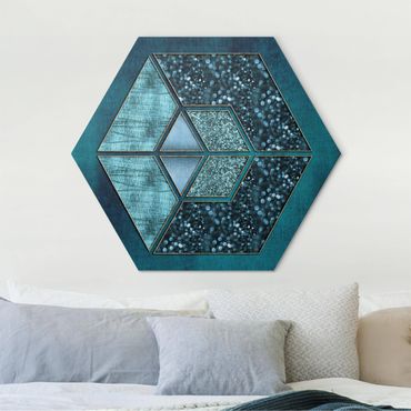 Hexagone en alu Dibond - Blue Hexagon With Golden Contour